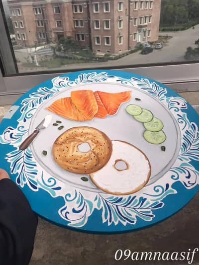 "Brunch on Blue " Salmon Bagel Hand painted Round canvas
