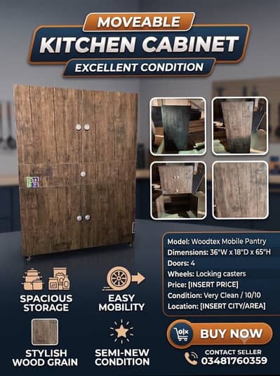 Moveable Kitchen Cabinet with Wheels - Excellent Condition