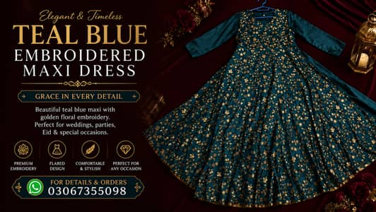 Teal Blue Golden Embroidered Maxi for Women – Wedding & Party Wear