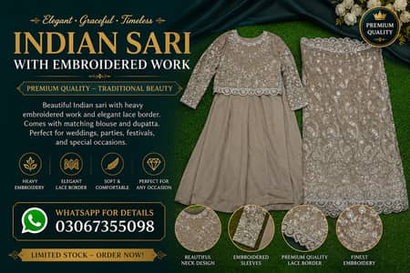 Beige Grey Indian Saree with Heavy Silver Embroidery