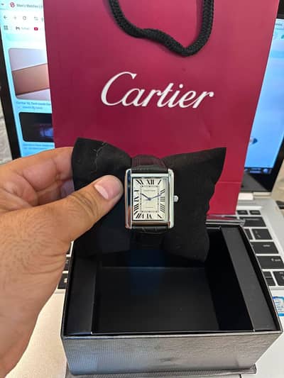 Cartierr Style Rectangular Men's Watch Black Leather Strap with Box