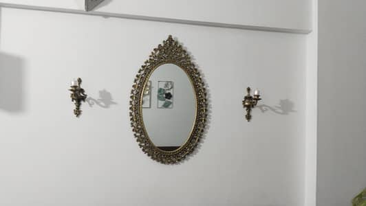 antique theme mirror with 2 candle stands, 3 metallic frames & curtain