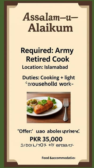 Army Retired cook Required for my home