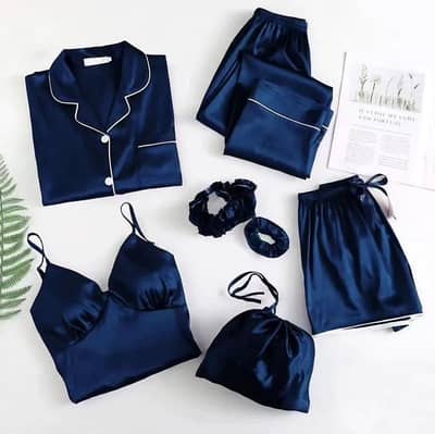 Blue Silk 5-Piece Night Suit Set for Women