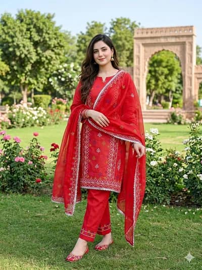 Red chikankari Lawn 3pcs set for women