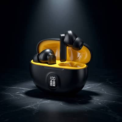 Premium Wireless Earbuds Black Yellow Bluetooth 5.3 (Black and white)