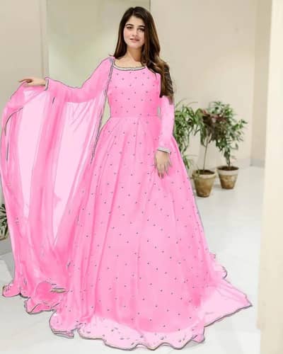Pink Pearl Lace Maxi Dress Set 3pcs With Chiffon Dupatta