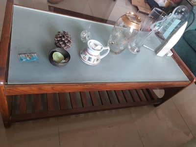 Wooden Coffee Table with glass top and 2 side tables