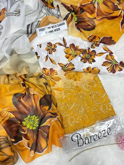 Bareeze Style Orange Printed 3-Piece Lawn Suit With Cutwork