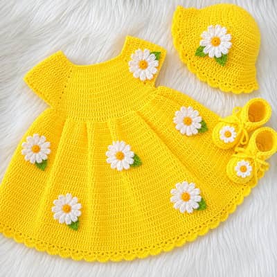 Handmad yellow chorchet baby dress set