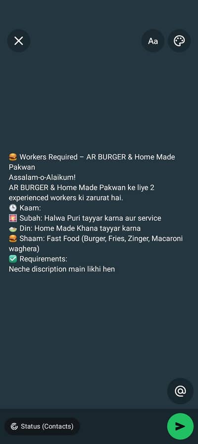 AR Burger & Pakwan ke liye 2 workers chahiye