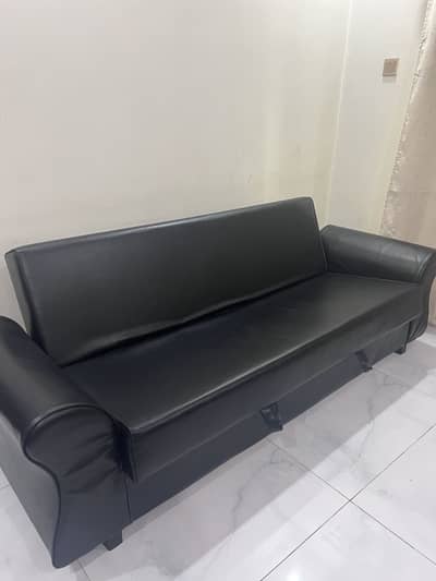 Premium 3-in-1 Sofa Cum Bed with Spacious Storage – Black Leatherette