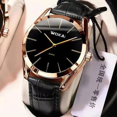 Wokai Men's Black Leather Strap Quartz Watch
