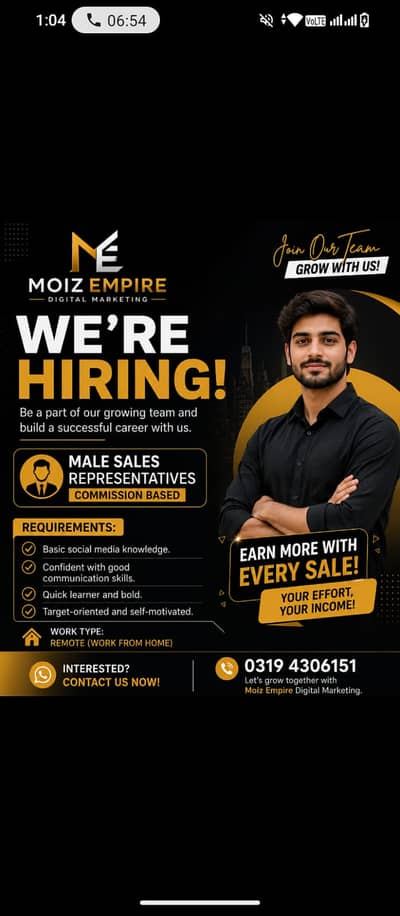  Hiring Male Sales Representatives (Commission Based) 