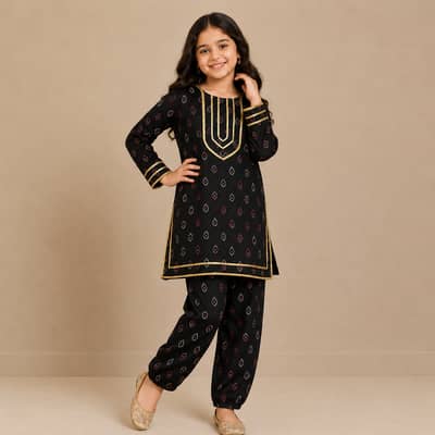 Girls Black Traditional Printed Kurta & Salwar Set