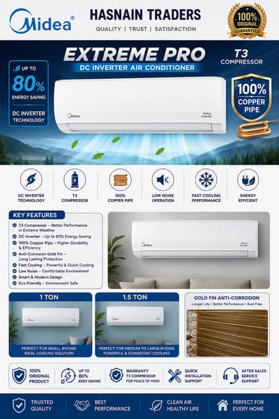 Midea Extreme Pro DC Inverter AC 1 Ton & 1.5 Ton T3 Compressor New