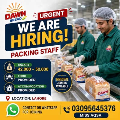Need urgent staff requied in Dawn bread company