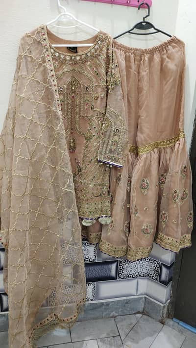 fully embroidered shirt, dupptta and sharara
