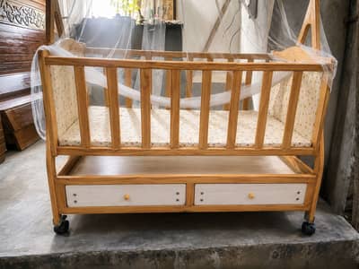 Premium Wooden Baby Cot with Storage Drawers & Mosquito Net