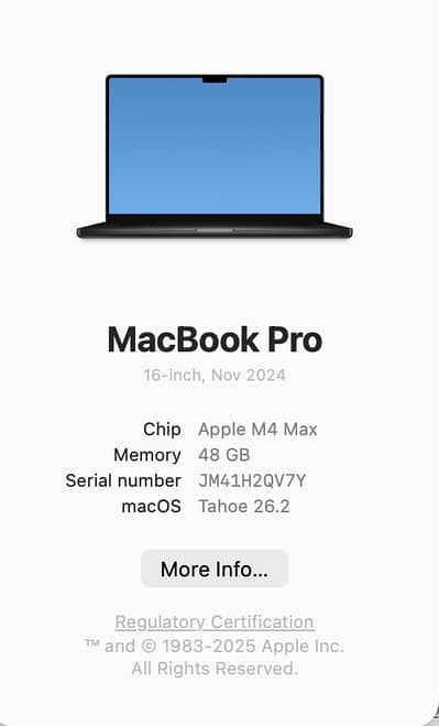 M4 max Memory 48 GB / 1 tb 144 battery cycles