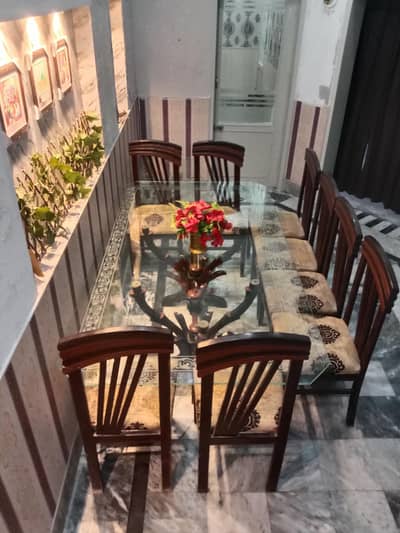 Dining Table Set – 8 Chairs with Glass Top