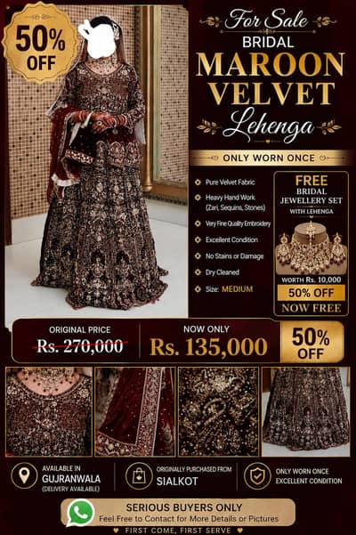 Bridal Maroon Velvet Lehenga - Medium