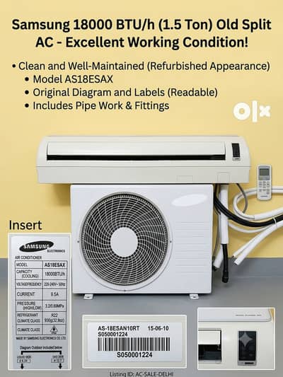 Used Samsung 1.5 Ton Split AC (18000 BTU) - Perfect Working Condition