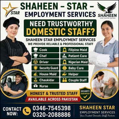 House maids, Maid, Baby Sitter, Chef, Home Cook, Patient Care, Driver