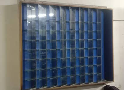 wood and glass wall rack and glass door with complete asseccries.