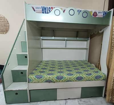 Deco Triple Bunk Bed with 2 Mattresses & 3-Door Almari