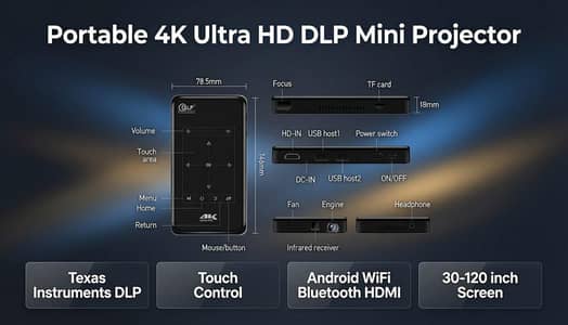 Portable 4K Ultra HD DLP Mini Smart Projector.
