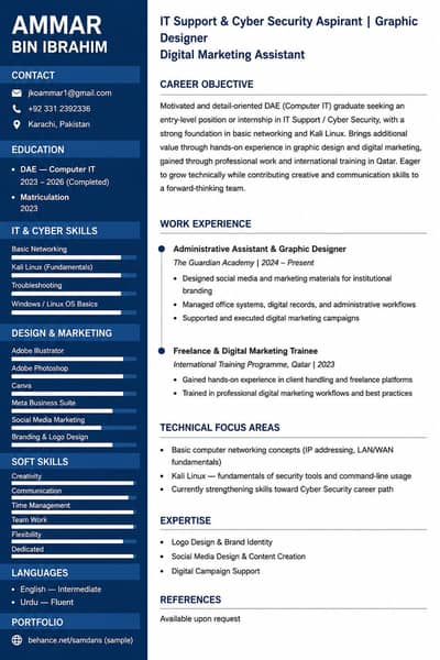 Graphic Designer & IT Support/Cyber Security Fresher Available