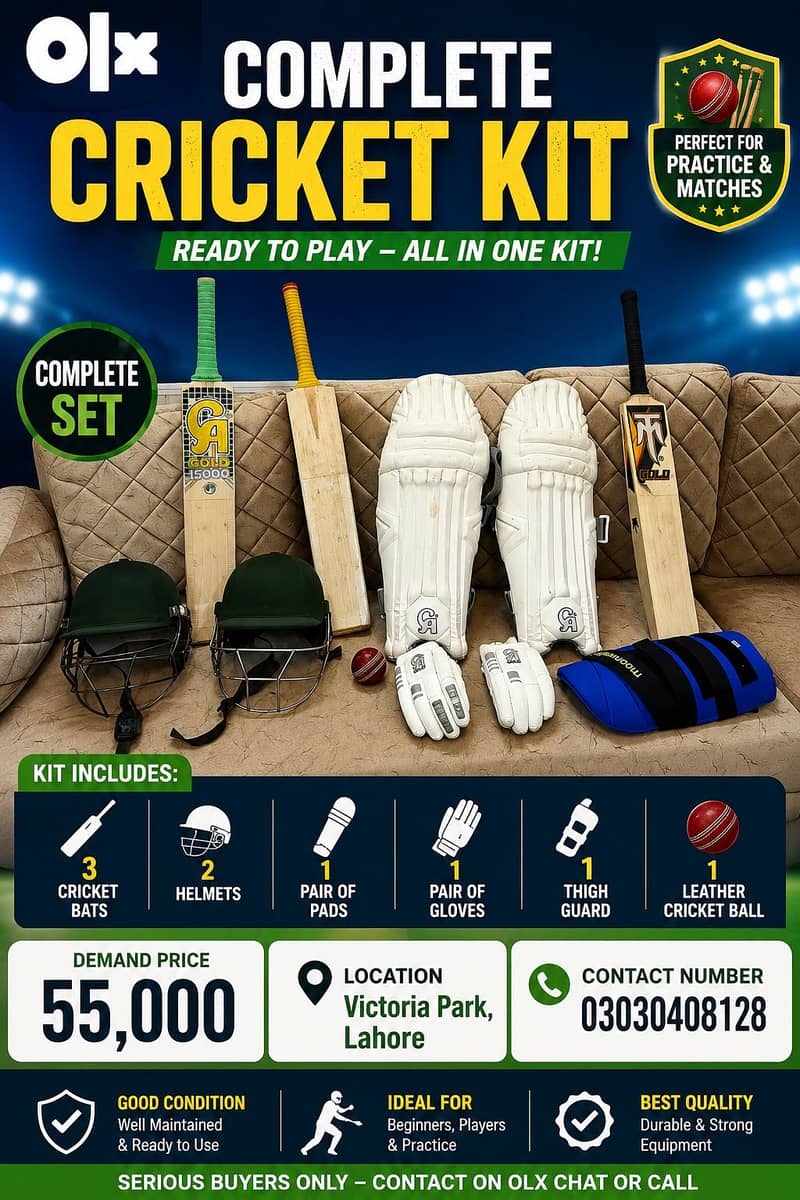 Complete Cricket Kit Set | Bats, Pads, Helmets, Gloves & Guard 0