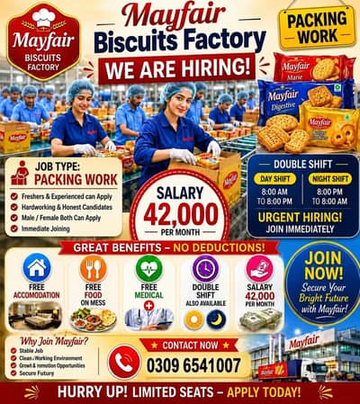 Need staff male or female For biscuits packing Factory
