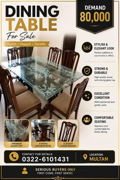 Dining Table for sell pure wood and 8 mm Glass