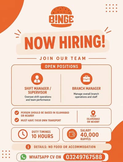 Restaurant Branch Manager and Supervisor Jobs Available