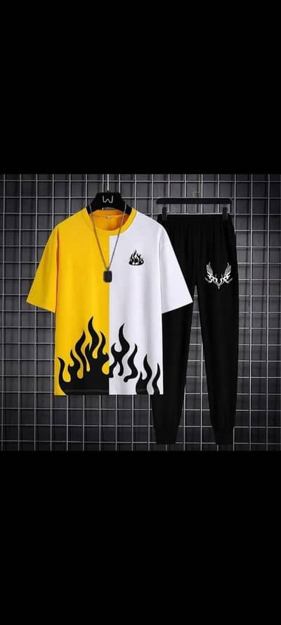 Men Flame Print Track Suit Yellow White Black Micro Interlock