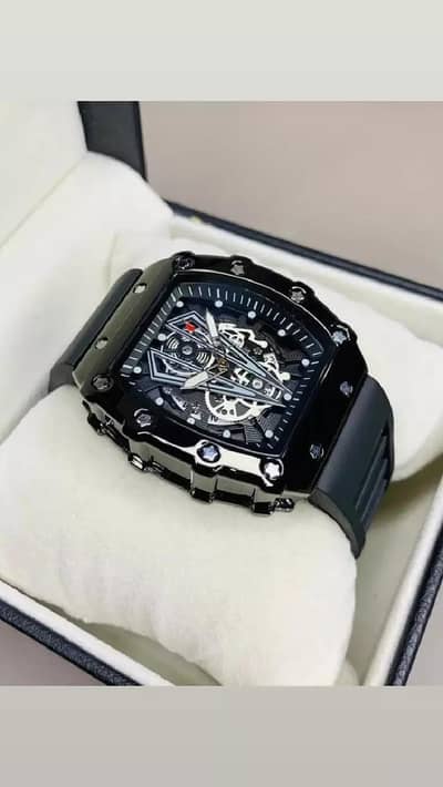 Richard Black Belt Skeleton Watch Black Rubber Strap
