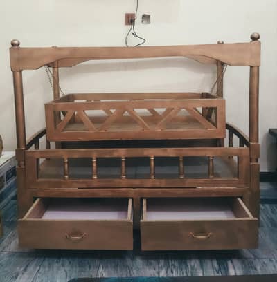 Wooden 2-in-1 Baby Cot with Hanging Jhoola & 2 Storage Drawers