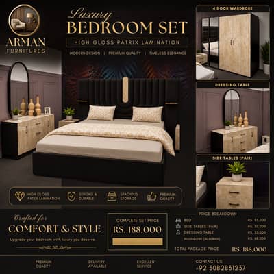 Luxury High Gloss Bedroom Set | Patex Lamination | 4 Pcs | Bed Wardro