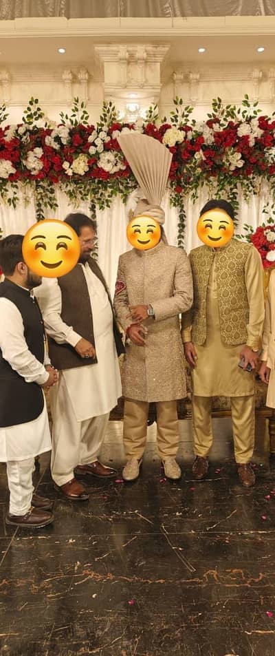 Branded Sherwani by Sadaf Fawad Khan's brand Rose gold with turban
