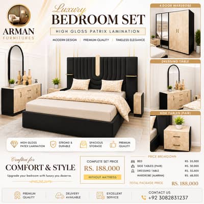 Luxury High Gloss Bedroom Set | Patex Lamination | 4 Pcs | Bed Wardro