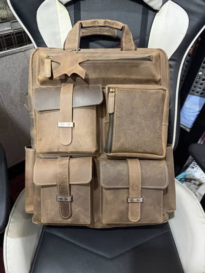 Vintage Genuine Leather Multi-Pocket Backpack Handmade