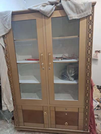 Elegant Wooden Display Cabinet with Glass Doors & Drawers