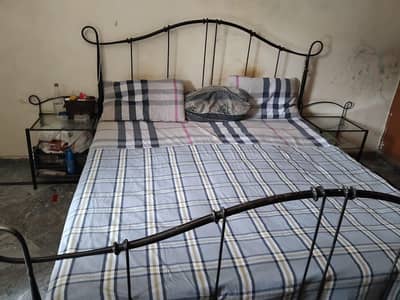 Metal Double Bed 2 Side Tables + Mattress for Sale