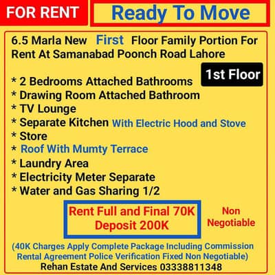 6.5 Marla New 1st Floor Family Portion For Rent At Poonch Road Samanab