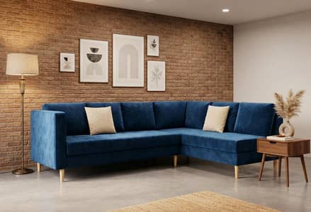 Navy Blue Velvet L-Shape Sofa