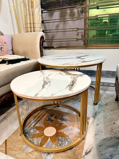 2 Pieces Round Center Table Marble Texture Top Living Room Table