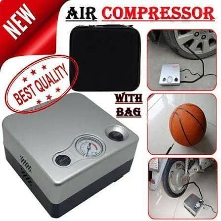 CAR AIR PUMP CAR AIR COMPRESSOR TYRE INFLATOR DEFLATOR PUMP SQUARE SHAPE WITH AIR PRESSURE GUAGE AND CARRY BAG WITH MULTI NOZZELS