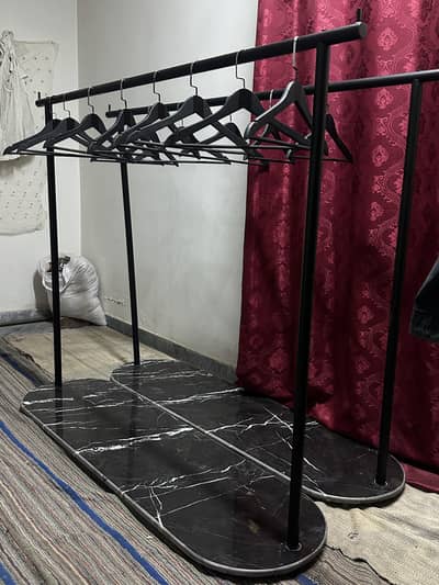 Garment Display Stand with Marble Base & Wooden Hangers